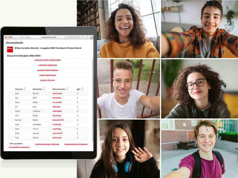 Tablet mit Zentraler Schülerverwaltung und Schüler/-innen beim Videochat
