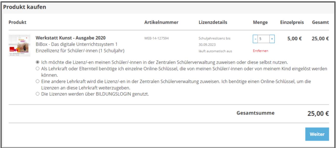 Screenshot mit vier Kaufoptionen